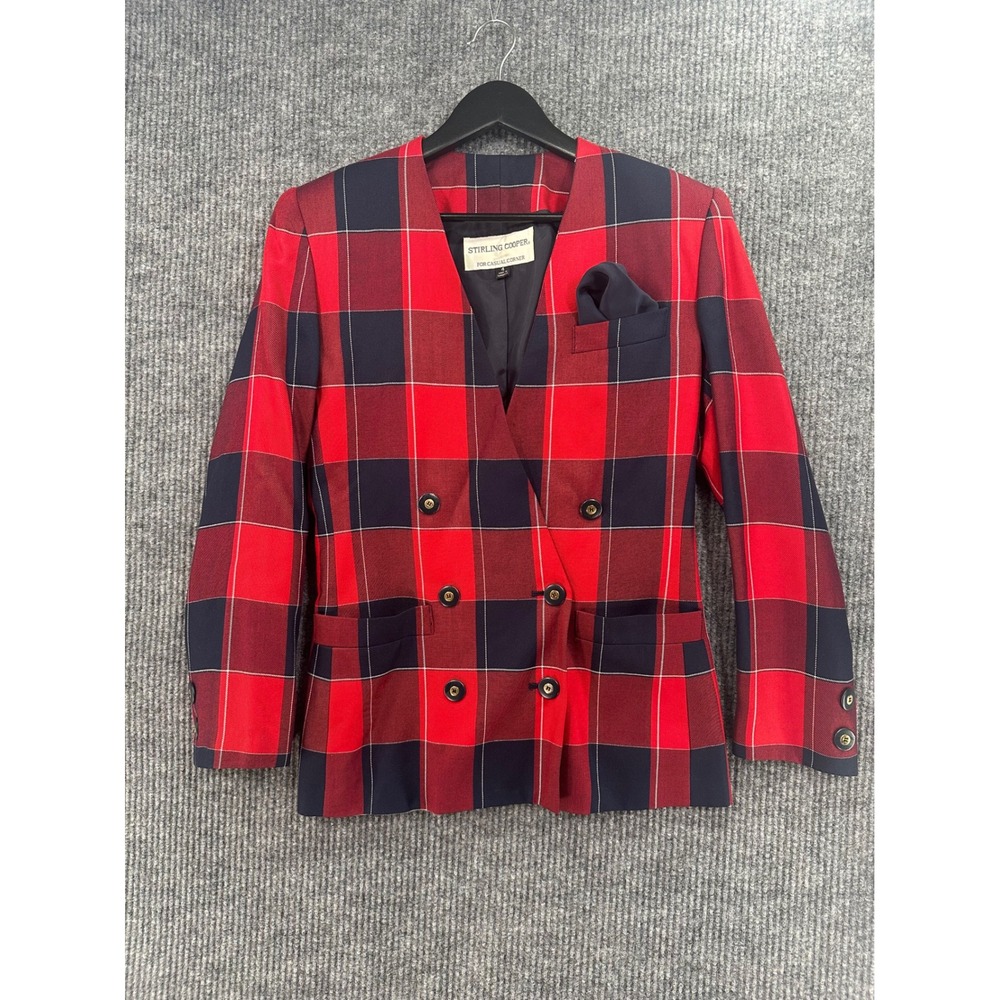 Stirling Cooper Blazer Women 4 Red Plaid Double Breasted Collarless